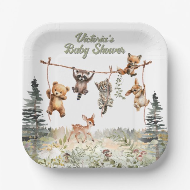 Plato De Papel Woodland Animals Clothesline Forest Baby Shower (Anverso)