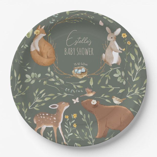 Plato De Papel Woodland Animals Forest Friends Baby Shower (Anverso)