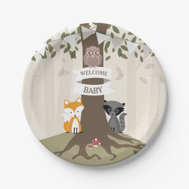 Plato De Papel Woodland Animals Neutral Baby Shower (Anverso)