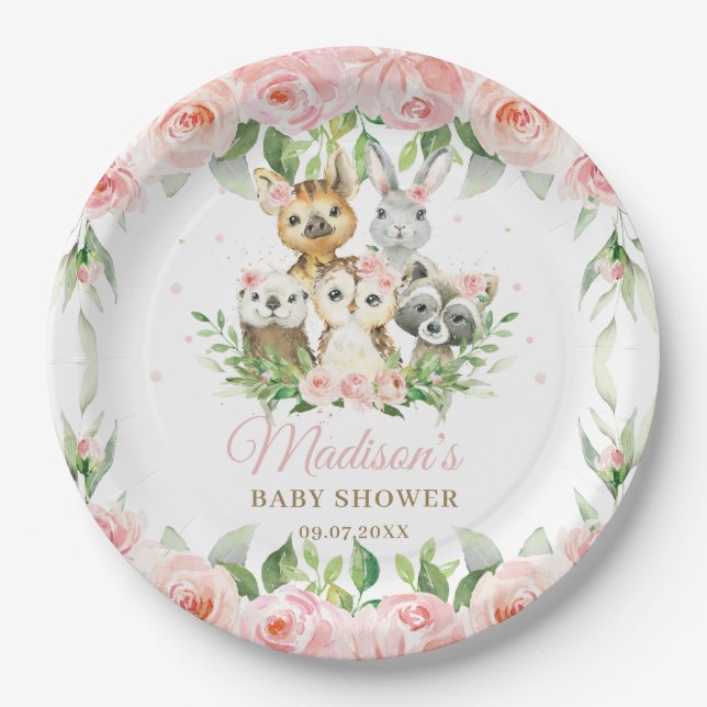Plato De Papel Woodland Animals Owl Chica Floral Rosa Baby Shower (Anverso)