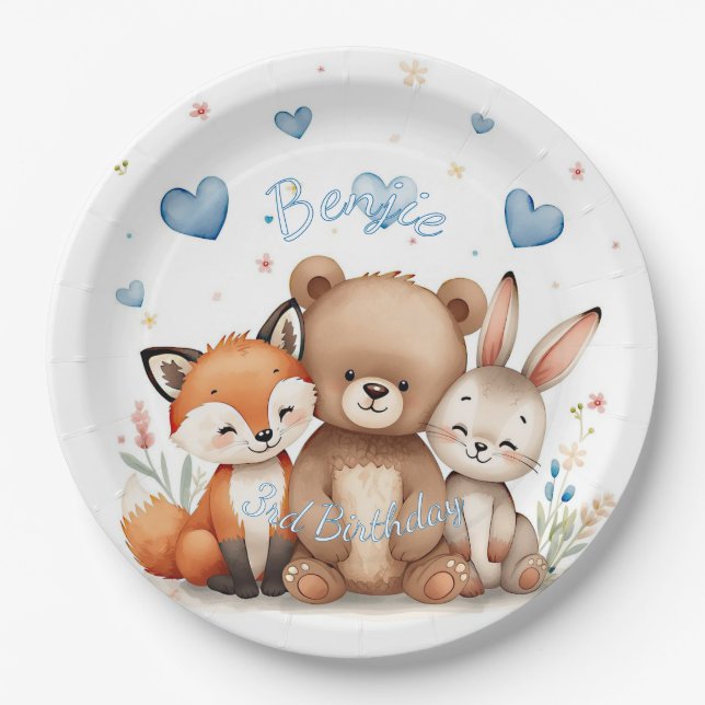 Plato De Papel Woodland Animals Party Pastel Blue Hearts Floral  (Anverso)