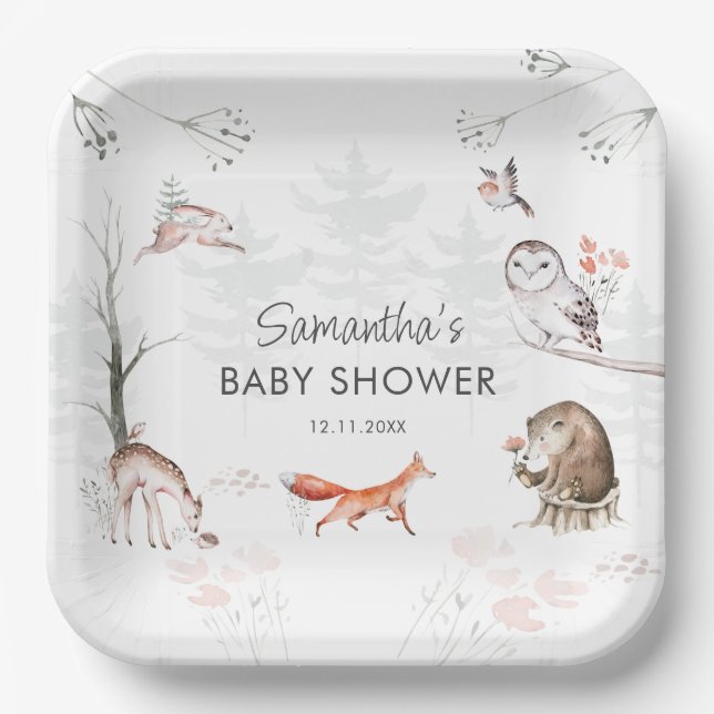 Plato De Papel Woodland Animals Rustic Forest Baby Shower (Anverso)
