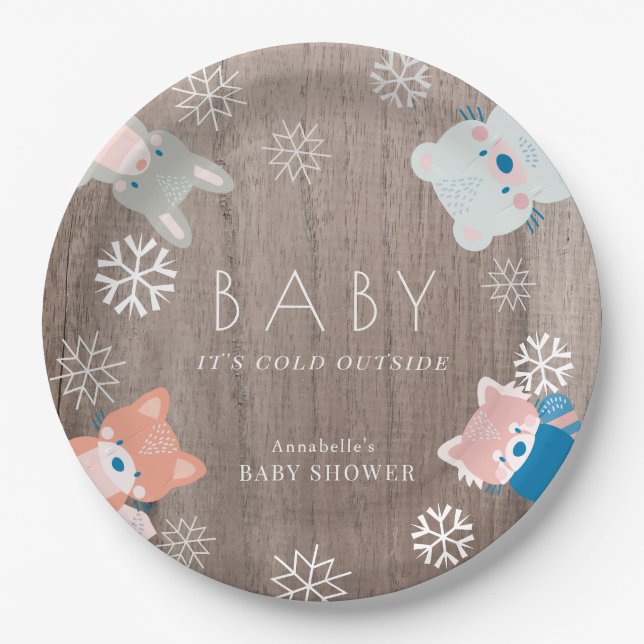 Plato De Papel Woodland Animals Snowflake Wood Baby Shower (Anverso)
