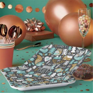 Plato De Papel Woodland Animals Snowflakes Navidades escandinavos