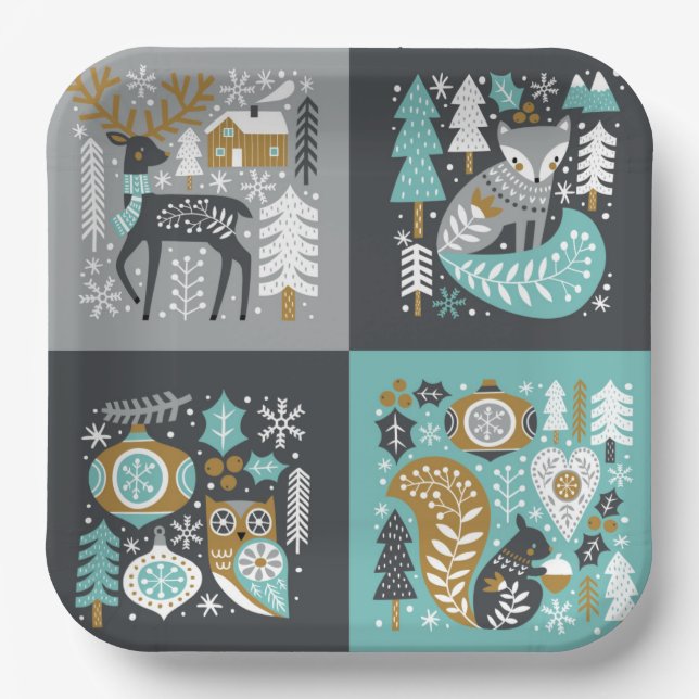 Plato De Papel Woodland Animals Snowflakes Navidades escandinavos (Anverso)