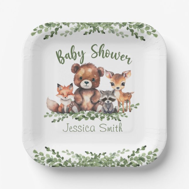 PLATO DE PAPEL WOODLAND ANIMALS WATERCOLOR BABY SHOWER (Anverso)