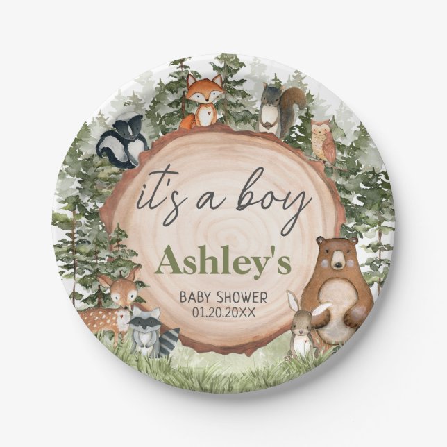 Plato De Papel Woodland Animals Wood Slice Baby Shower (Anverso)
