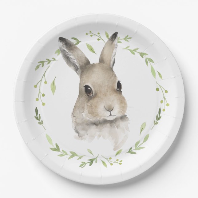 Plato De Papel Woodland Animals Wreath Bunny Rabbit Watercolor (Anverso)