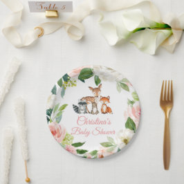 Plato De Papel Woodland Animals y Rubor Pink Flowers Baby Shower