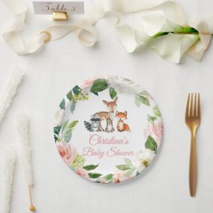 Plato De Papel Woodland Animals y Rubor Pink Flowers Baby Shower