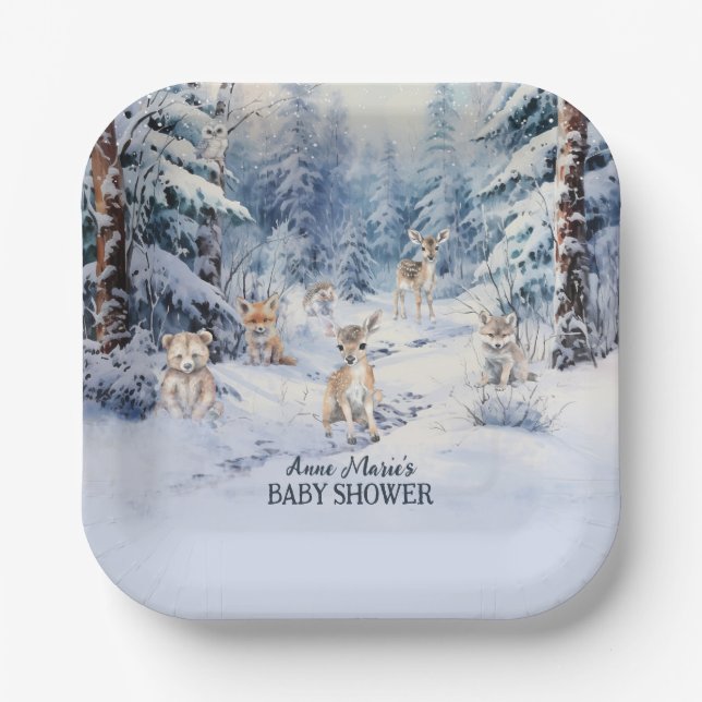 Plato De Papel Woodland Baby Animals Winter Boy Baby Shower (Anverso)