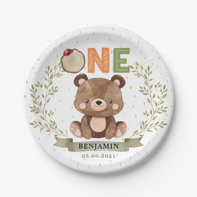 Plato De Papel Woodland Baby Bear 1ª Placa de papel de cumpleaños (Anverso)