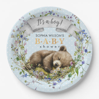 Plato De Papel Woodland Baby Bear Baby Shower Paper Plate