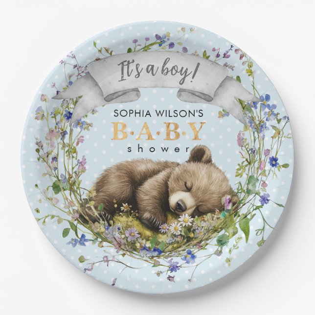 Plato De Papel Woodland Baby Bear Baby Shower Paper Plate (Anverso)