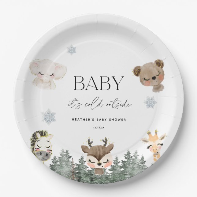 Plato De Papel Woodland Baby It's Cold fuera de Baby Shower (Anverso)