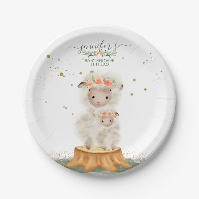 Plato De Papel Woodland baby shower celebration party Sheep (Anverso)