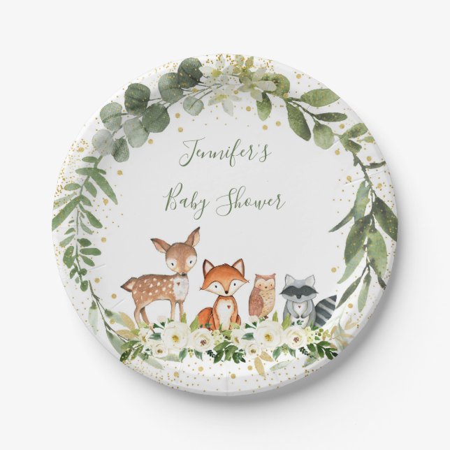 Plato De Papel Woodland Baby Shower Greenery Forest Animal (Anverso)