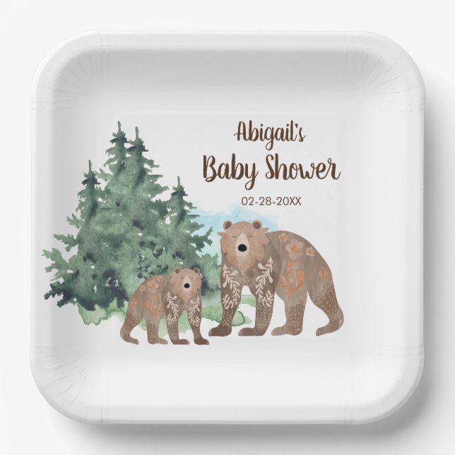 Plato De Papel Woodland Bears Neutral Watercolor Baby Shower (Anverso)