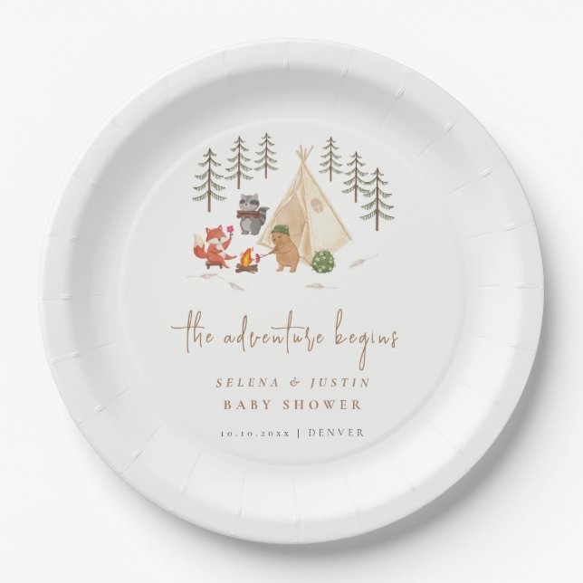 Plato De Papel Woodland Camping The Adventure comienza Baby Showe (Anverso)