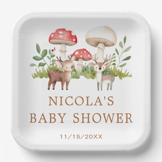 Plato De Papel Woodland Deer Baby Shower (Anverso)