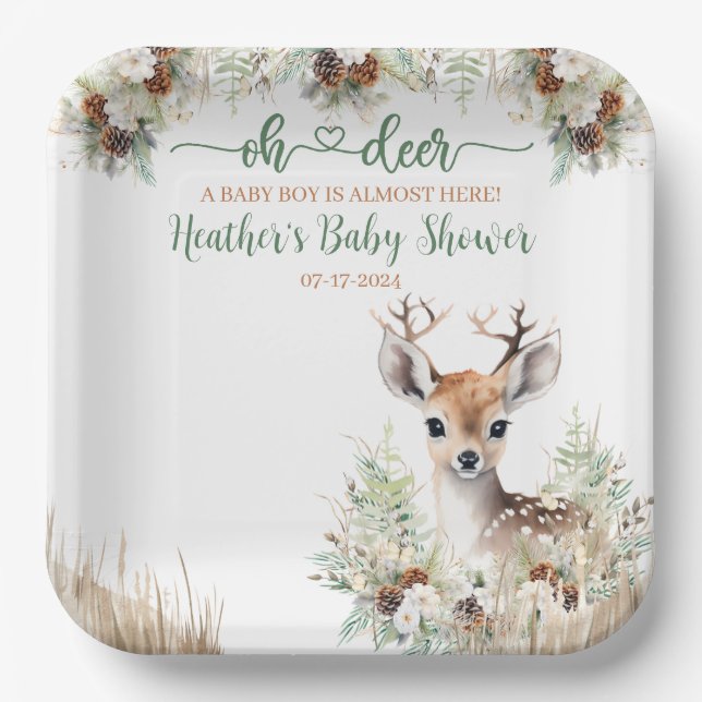 Plato De Papel Woodland Deer Baby Shower Boy (Anverso)