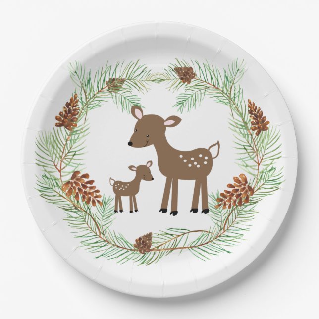 Plato De Papel Woodland Deer Pine Cone Baby Shower (Anverso)