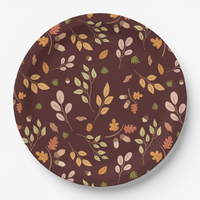 Plato De Papel Woodland deja el tema otoñal oscuro neutral (Anverso)