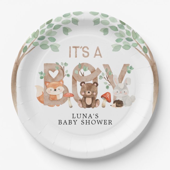 Plato De Papel Woodland es un niño Baby Shower (Anverso)