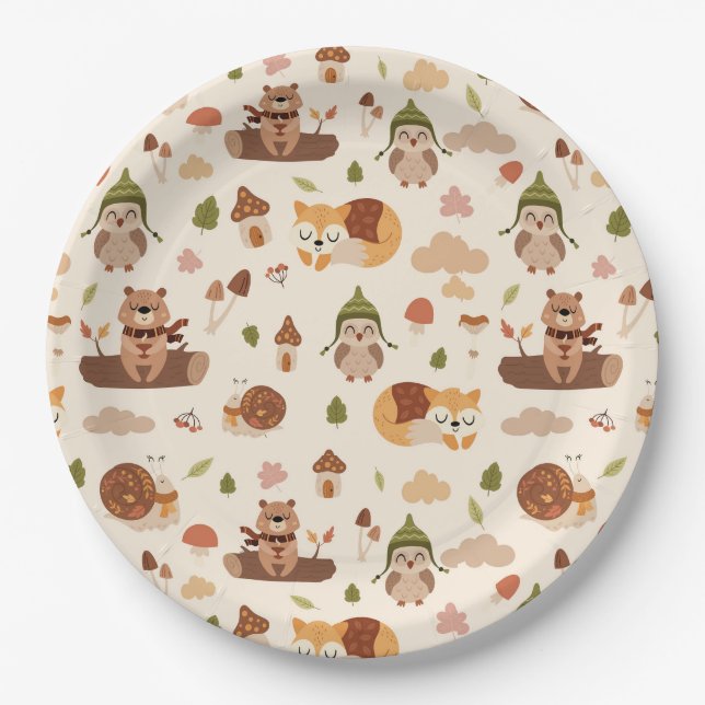 Plato De Papel Woodland Fall Animals Light Otumn Fox Deer Owl Ra (Anverso)