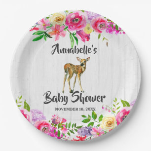 Plato De Papel Woodland Fawn Watercolor Floral Baby Shower