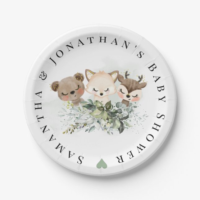 Plato De Papel Woodland Forest Baby Animals Baby Shower (Anverso)