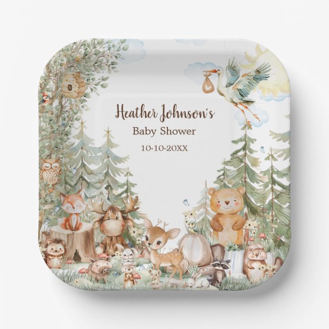 Plato De Papel Woodland Forest Neutral Baby Shower (Anverso)