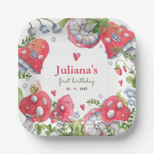 Plato De Papel Woodland Forest Watercolor Mushroom Kids Cumpleaño