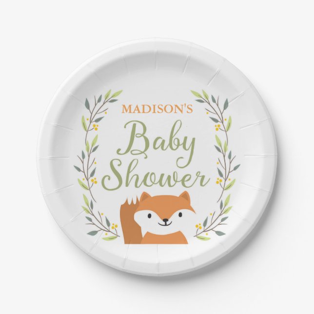 Plato De Papel Woodland Fox Baby Shower Plates (Anverso)