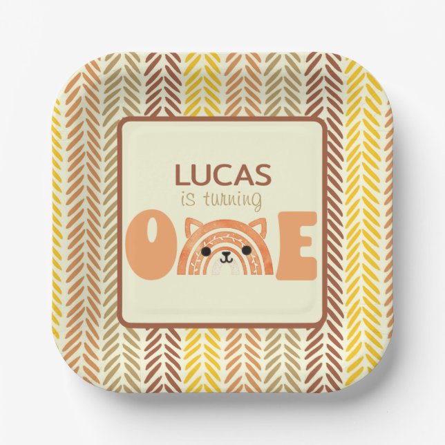 Plato De Papel Woodland Fox Boho Rainbow First Birday (Anverso)