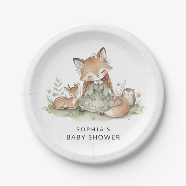 Plato De Papel Woodland Fox Girl Baby Shower Paper Plate (Anverso)