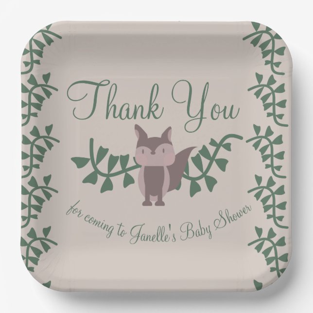 Plato De Papel Woodland Fox Greenery Baby Shower Rustic (Anverso)