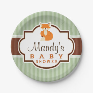 Plato De Papel Woodland Fox; Naranja, Sage, Brown Baby Shower