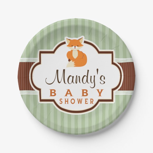 Plato De Papel Woodland Fox; Naranja, Sage, Brown Baby Shower (Anverso)