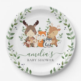 Plato De Papel Woodland Greenery Animals Baby Shower Primer cumpl