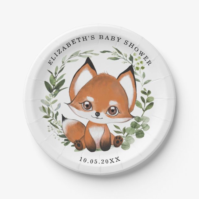 Plato De Papel Woodland Greenery Fox primer cumpleaños Baby Showe (Anverso)