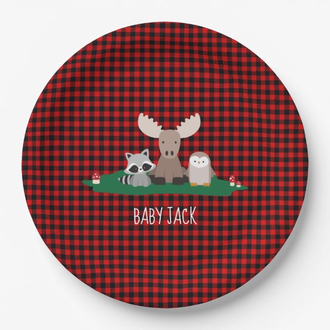 Plato De Papel Woodland Lumberjack Baby Shower Animal Rustic (Anverso)