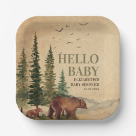 Plato De Papel Woodland Mama Bear & Cub Baby Shower