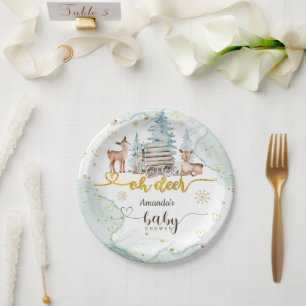 Plato De Papel Woodland Oh Deer Snow Baby Shower