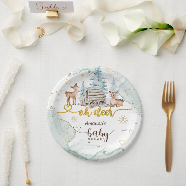 Plato De Papel Woodland Oh Deer Snow Baby Shower (Boda)