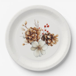 Plato De Papel Woodland Pinecone and Cranberry 
