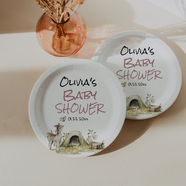 Plato De Papel Woodland Pink Girl Deer Forest Animal Baby Shower (Subido por el creador)