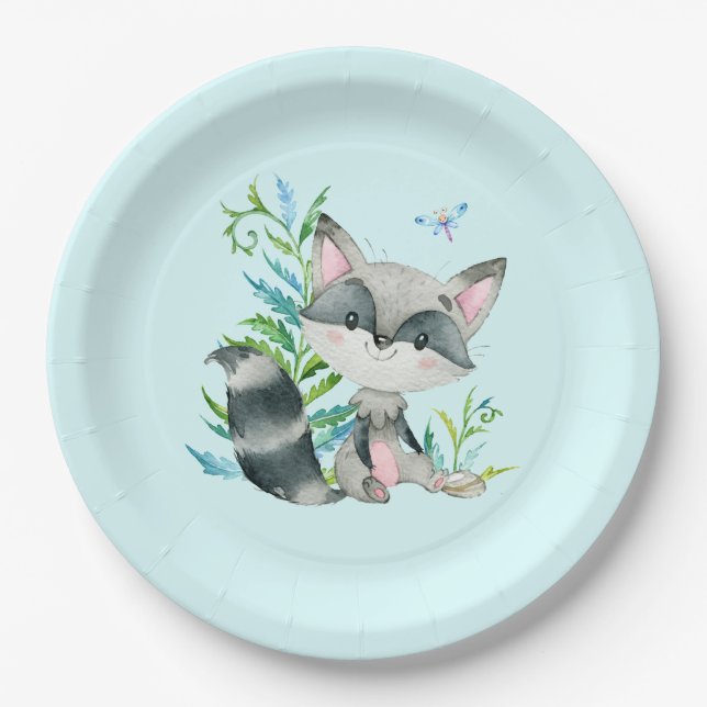 Plato De Papel Woodland Raccoon Whimsical Aqua (Anverso)