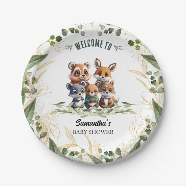 Plato De Papel Woodland se pregunta: Baby Shower de un amigo fore (Anverso)