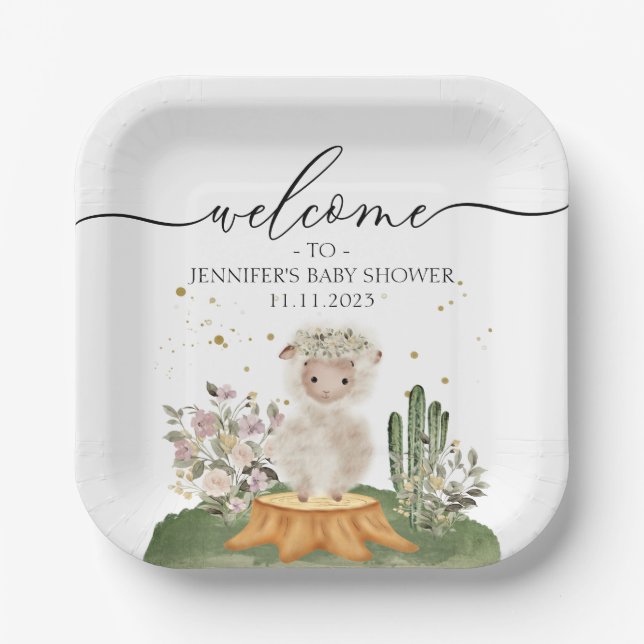 Plato De Papel Woodland Sheep Earth Tone Baby Shower (Anverso)